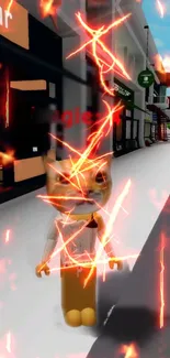 Fiery digital street scene with a cat character.