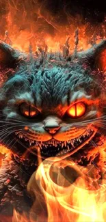 Fiery digital art cat with glowing eyes and flame effects.