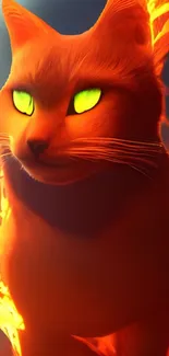 Fiery cat with neon green eyes in a fantasy art style.