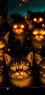 Cats with glowing orange eyes in the dark, highlighted by fiery sparks.