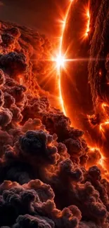 Fiery clouds and glowing celestial sphere wallpaper.