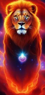 Fiery lion against a cosmic sky with vibrant orange and purple tones.