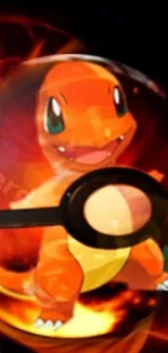 Charmander inside fiery Poké Ball with vibrant orange flames.