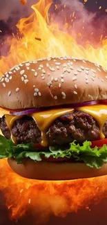 Cheeseburger with flames in background