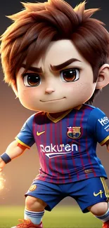 Chibi soccer player with fiery effects in a blue and red jersey.