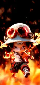 Chibi anime character with flames and vibrant colors.