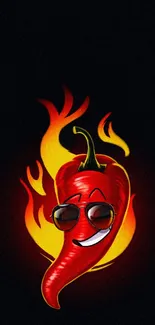 Fiery chili pepper with sunglasses on flames wallpaper.