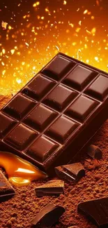 Fiery dark chocolate bar melting amidst glowing embers.