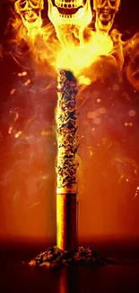 Fiery cigarette with glowing skull design on a vibrant orange background.