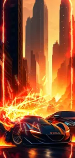 Cars racing through a fiery urban street with a dramatic city skyline.