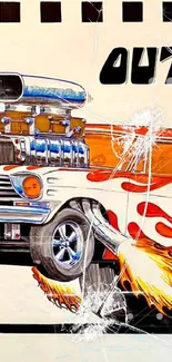 Illustration of a vintage hot rod with flames and bold design.