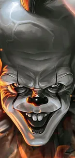 Fiery clown face mobile wallpaper with vivid colors and horror theme.