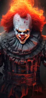 Clown with fiery hair in a dark, horror-themed wallpaper.