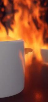 Fiery coffee mug with blazing flames backdrop.