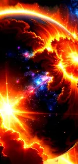 Vibrant fiery cosmic explosion wallpaper with bold orange and space elements.