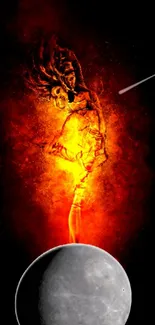 Fiery figure dances above moon with cosmic backdrop.