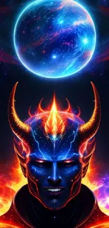 Cosmic demon with fiery horns against a galactic backdrop.