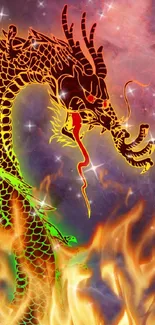 Fiery cosmic dragon with vibrant colors and celestial background.