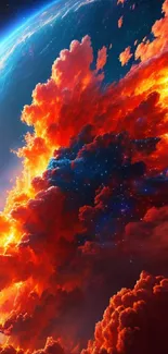 Fiery cosmic explosion with vibrant colors over Earth.