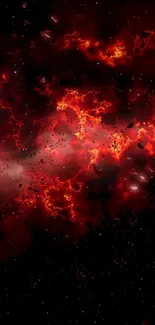 Fiery cosmic explosion in space with red and black hues.