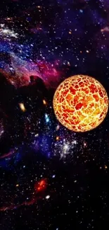 Fiery planet in colorful galaxy wallpaper.