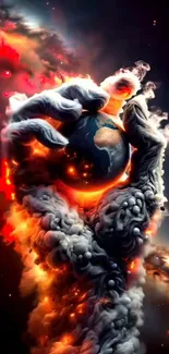 A cosmic hand engulfed in flames holding planet Earth.