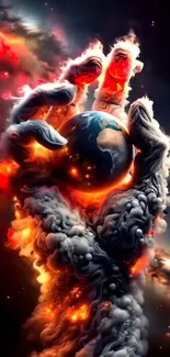 Fiery cosmic hand holds Earth in clouds.