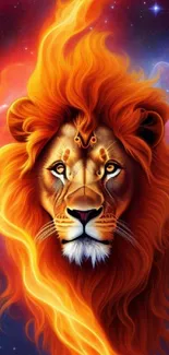 Fiery orange cosmic lion with a starry galaxy background.