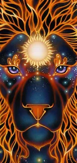 Fiery lion with cosmic elements and a vibrant starry background.