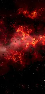 Fiery red cosmic nebula with bright stars.