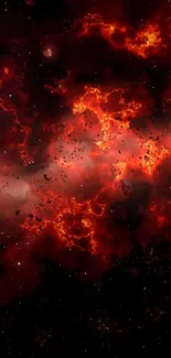 Fiery red cosmic nebula with dark space background for mobile wallpaper.