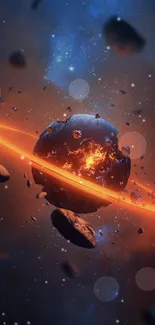 Fiery planet with glowing ring in space, surrounded by debris.