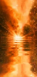 Fiery cosmic reflection on water with vibrant orange hues and stars.