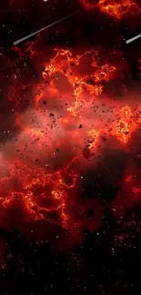 Fiery cosmic space scene with red and orange nebula.