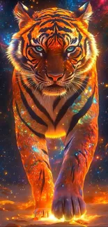 Fiery cosmic tiger walking in space.