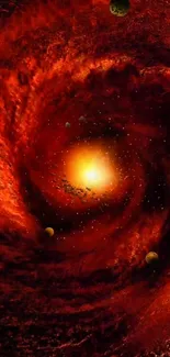 A fiery cosmic vortex with orbiting planets.