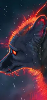 Digital art of a fiery wolf with cosmic and mystical elements against a dark background.