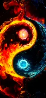 Fiery cosmic-themed Yin Yang wallpaper with vibrant orange and blue swirls.