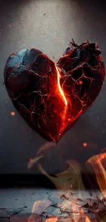 Dark cracked heart with fiery glow and flames underneath for mobile wallpaper.