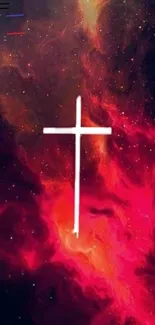 Fiery cross on cosmic red background