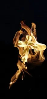 Fiery cross with dynamic flames against a dark background.