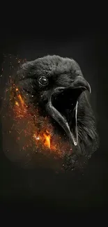 Fiery crow against black background with flames.