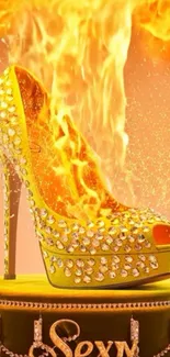 Fiery high heel shoe with crystals and flames.