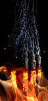 Cybernetic hand with glowing orange wires on a dark background.