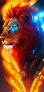 A cyberpunk lion with neon and fiery colors in a digital art wallpaper.