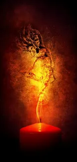 Fiery dancer emerging from candle flame in vivid red and orange hues.