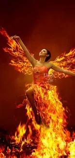 Woman in fiery dance surrounded by flames.