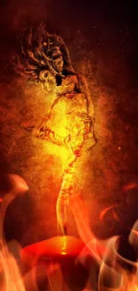 A fiery dance figure surrounded by vivid flames on a mystical dark background.