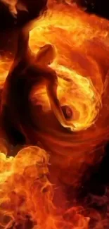 Fiery dancer surrounded by swirling flames, creating an energetic mobile wallpaper.