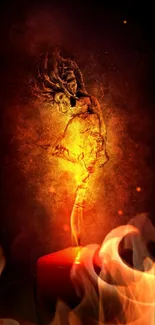 Fiery dancer emerging from candle flame with a dark mystical background.